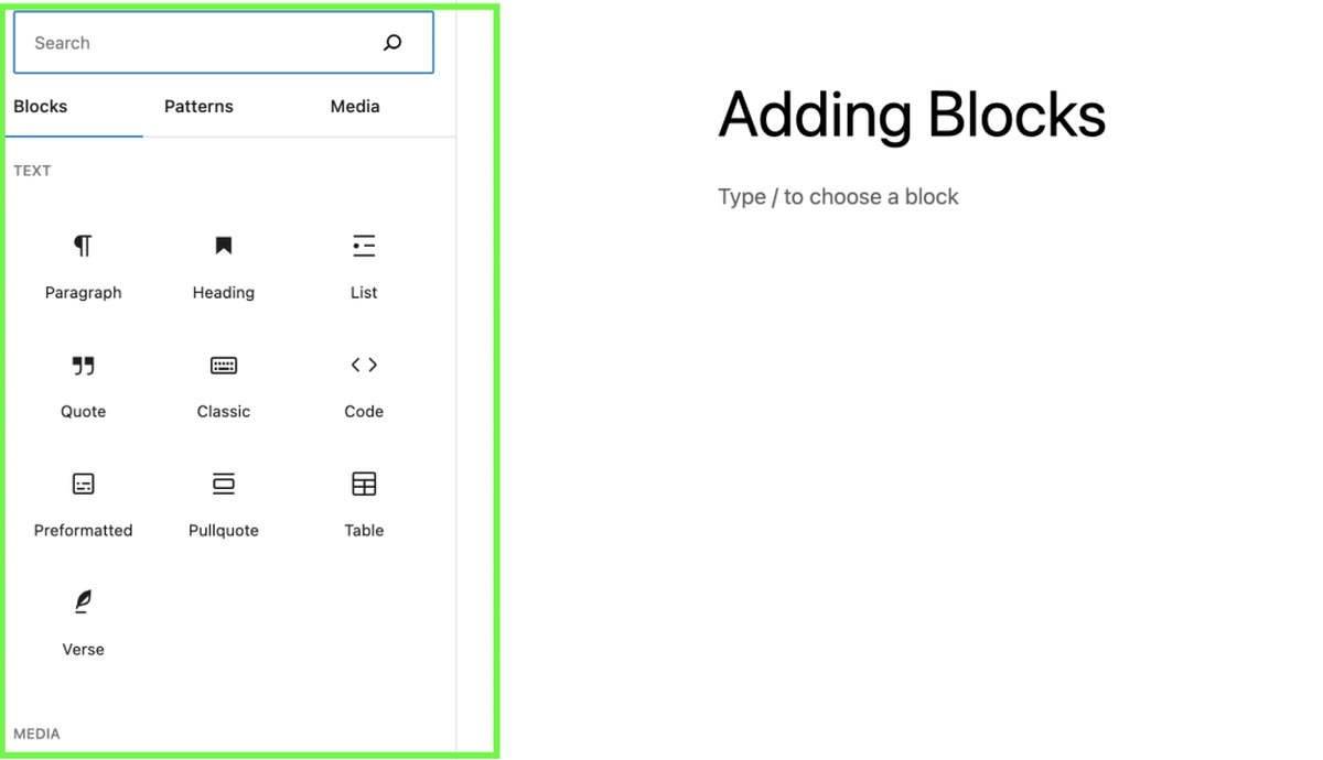 Browsing all blocks in the WordPress editor, next to a page titled Adding Blocks.