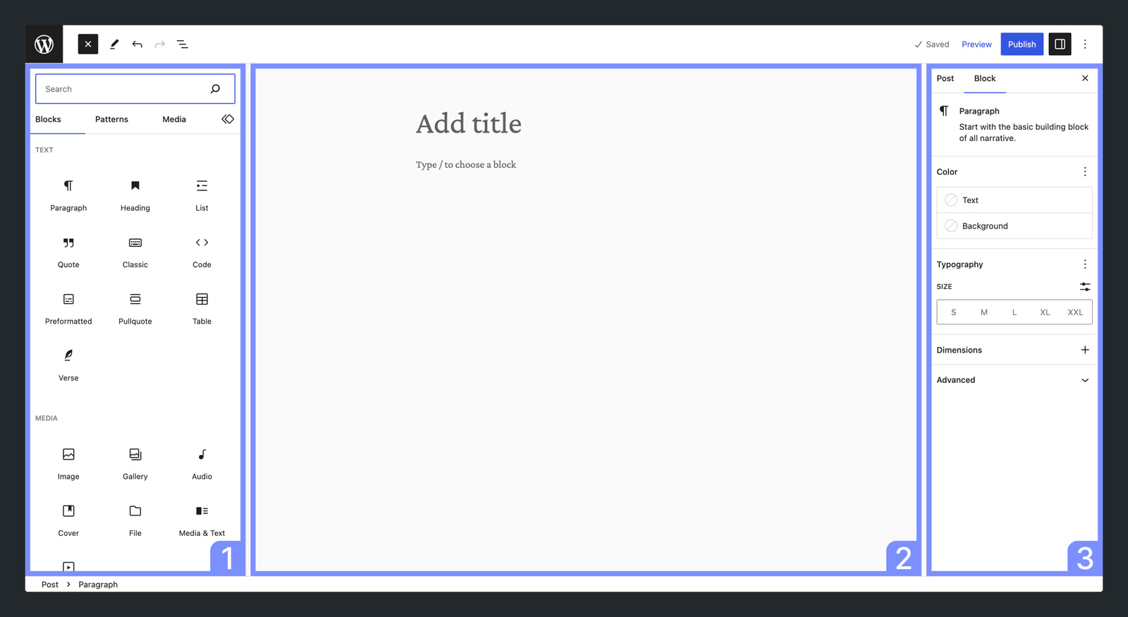 The WordPress block editor, with the inserter on the left, the page canvas in the middle, and block settings on the right.