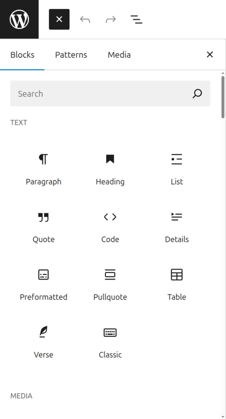 The Gutenberg block inserter, showing Text blocks you can drop onto a page.