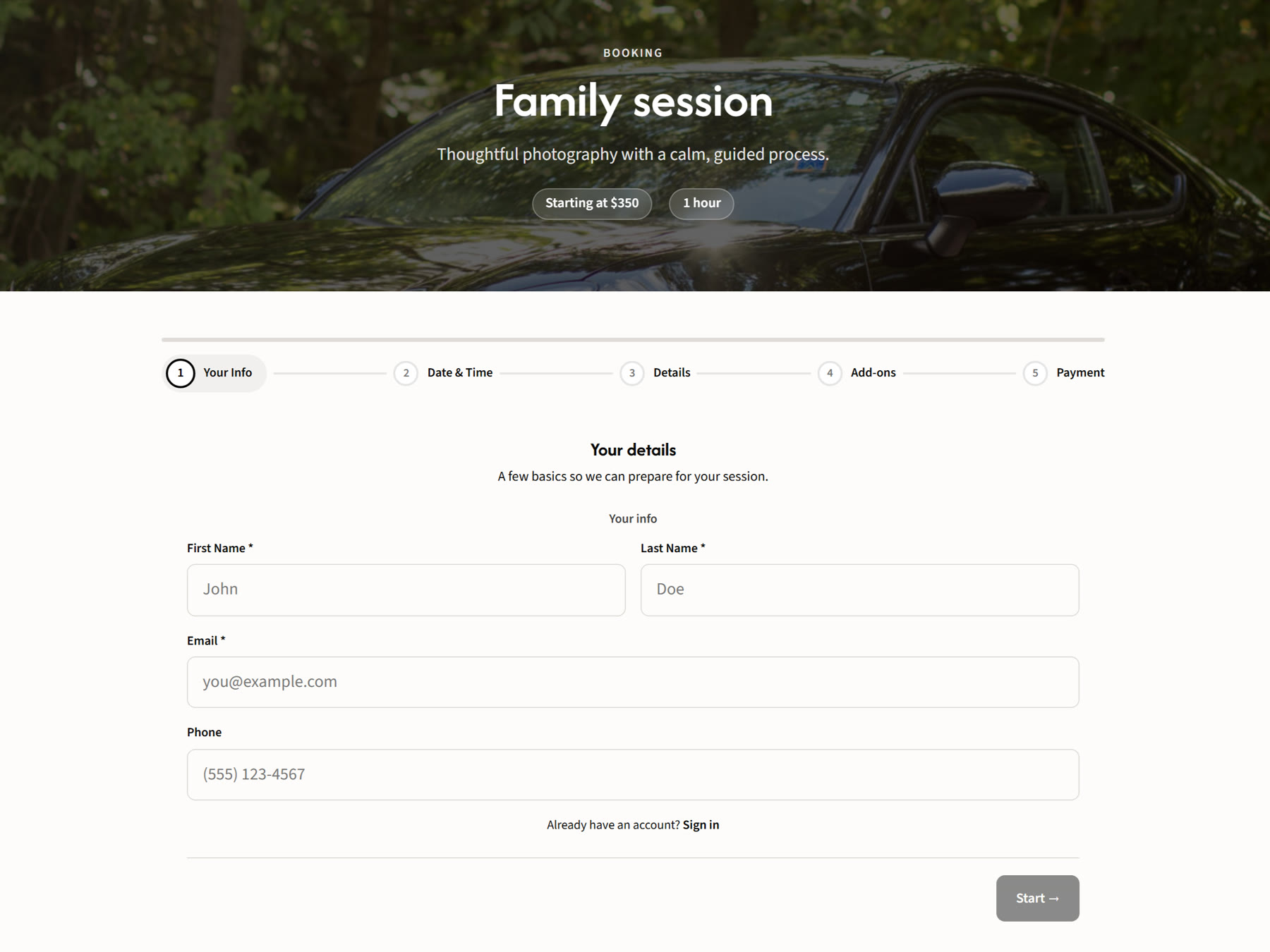 Public booking form for a family session