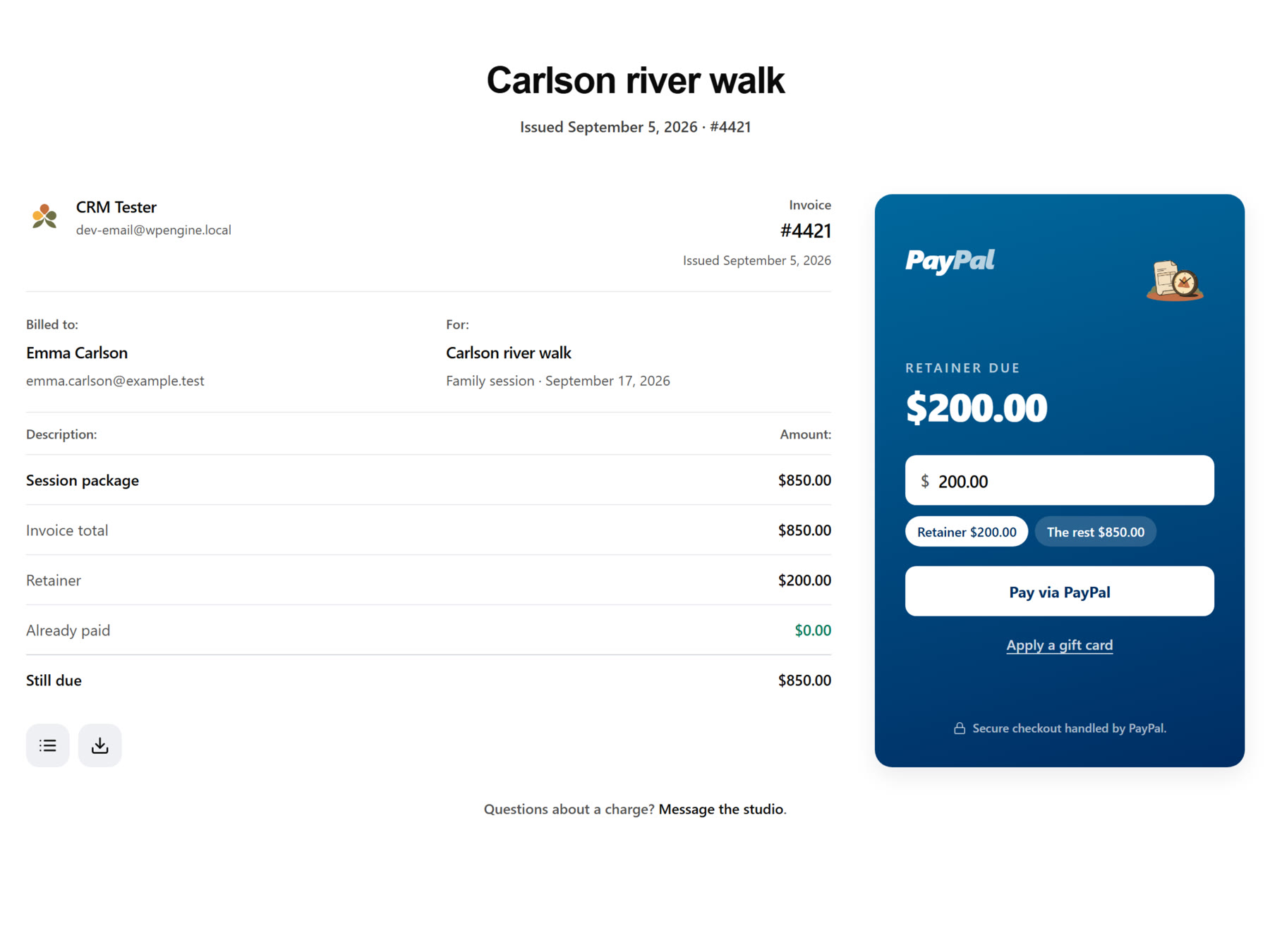 Client invoice with PayPal checkout for a family session
