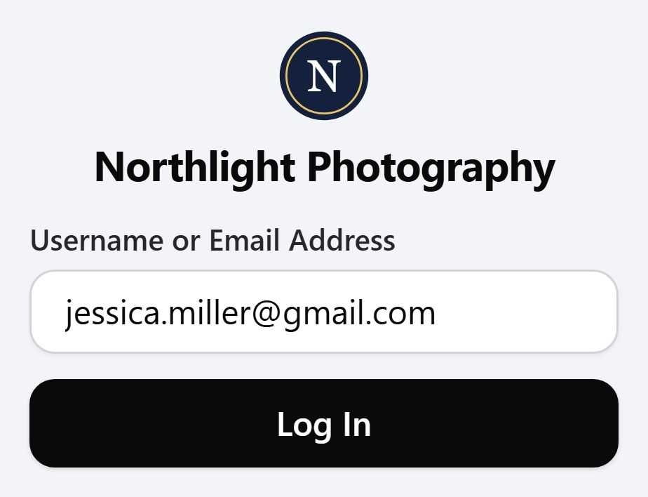 Northlight Photography's client sign-in: the studio's mark and name, Jessica Miller's email address in the field, and a Log In button
