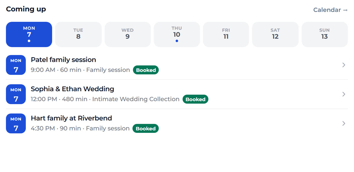 Upcoming sessions on the Mankai dashboard