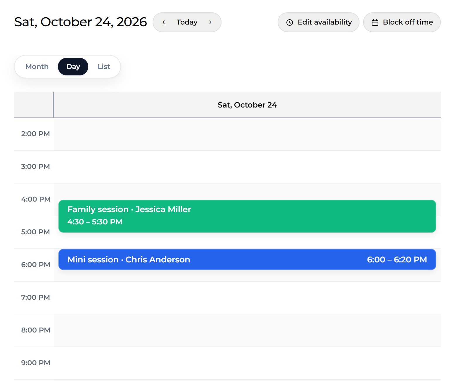 The Day view of Saturday, October 24 on the Mankai calendar: a family session with Jessica Miller from 4:30 to 5:30 PM and a mini session with Chris Anderson at 6:00 PM, with a Month, Day and List switch above the hours.