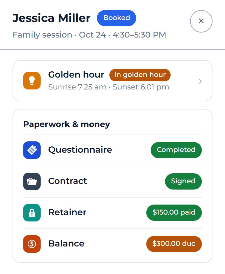 The pane that opens on a click: Jessica Miller’s family session on October 24 is in golden hour, her questionnaire is completed, her contract is signed, her $150.00 retainer is paid and $300.00 is still due.