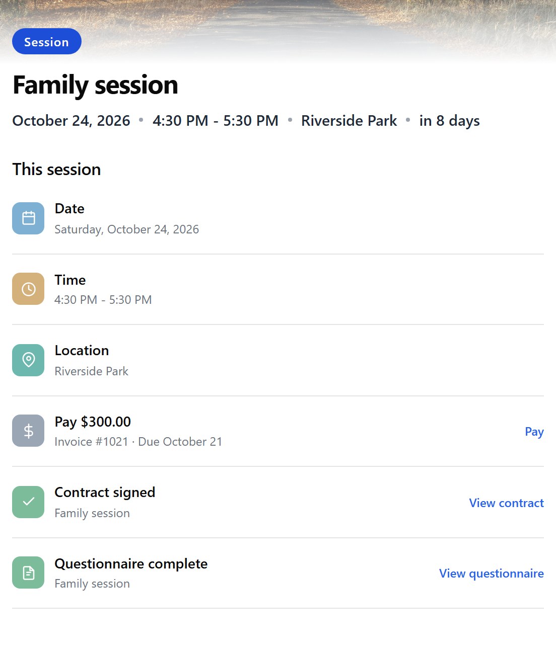 Jessica Miller’s Overview in the client portal of Northlight Photography, for her family session on October 24 at Riverside Park: Pay $300.00 (invoice #1021, due October 21), Contract signed, and Questionnaire complete, each with a link beside it.
