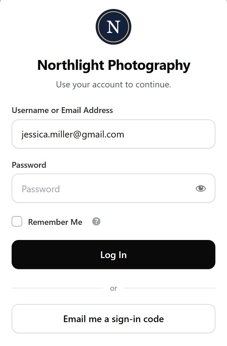The studio’s sign-in page on a phone: Northlight Photography, an email and password with a Log In button, and below it an Email me a sign-in code button.