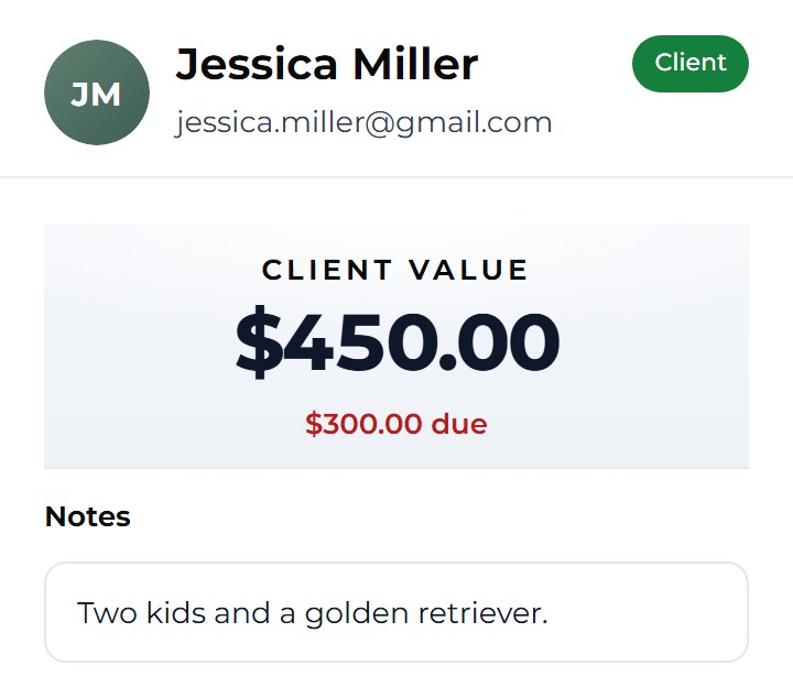 Jessica Miller’s client pane: a client value of $450.00 with $300.00 still due, and a note that she has two kids and a golden retriever.