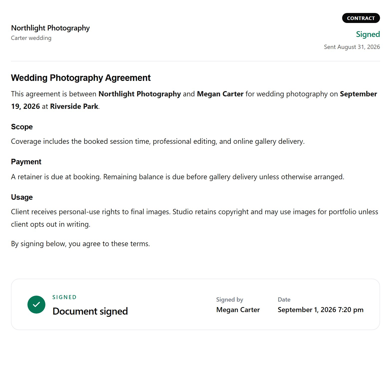 Megan Carter’s Wedding Photography Agreement from Northlight Photography, filled in with her name, the wedding date of September 19, 2026 and the place, Riverside Park, marked Signed, with a receipt under it: signed by Megan Carter on September 1, 2026 at 7:20 pm.