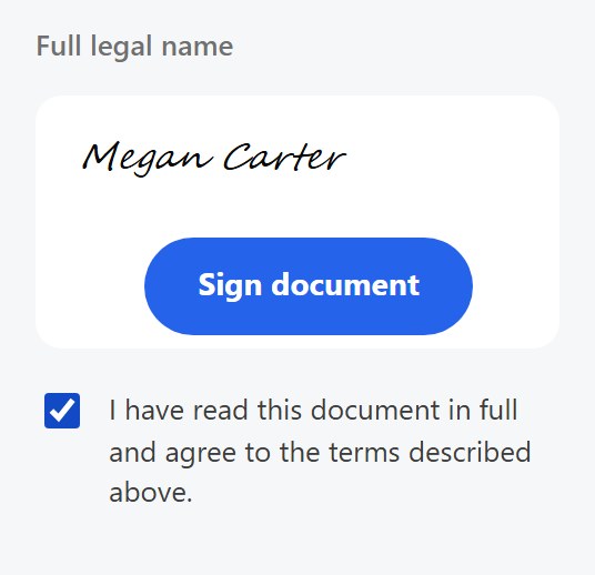 The signing box on Megan Carter’s phone, for her wedding agreement: her name typed as the signature, the agreement ticked, and a Sign document button.
