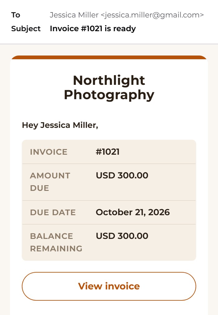 The Invoice Ready email as Jessica Miller gets it on her phone: invoice #1021, USD 300.00 due, due October 21, 2026, balance remaining USD 300.00, with a View invoice button.