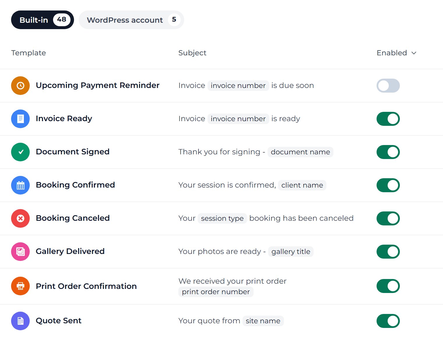 The built-in Emails list: eight of the 48 emails, from Upcoming Payment Reminder to Quote Sent, each with its subject line and its own on/off switch. Upcoming Payment Reminder is switched off.