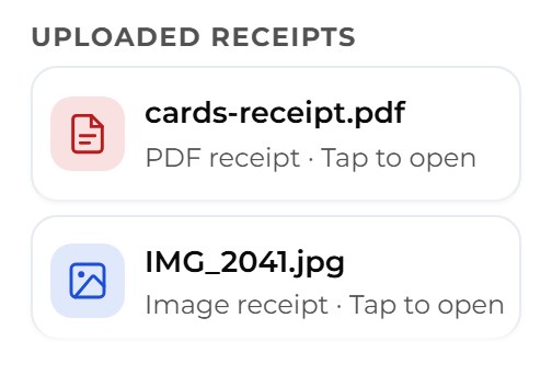 An expense’s uploaded receipts: two attached, a PDF named cards-receipt.pdf and a photo named IMG_2041.jpg.
