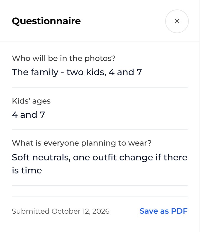 The Questionnaire panel on Jessica Miller’s family session: three of her answers (who is in the photos, the kids’ ages, what everyone will wear), the date she submitted them, October 12, 2026, and a Save as PDF link.