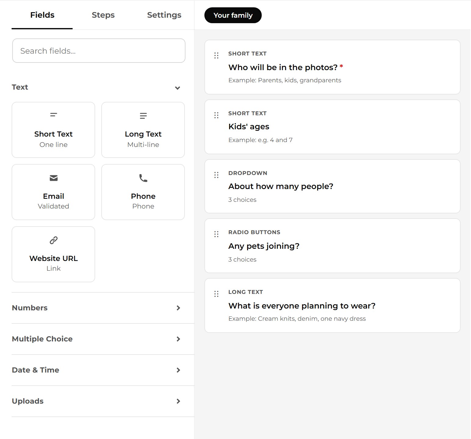 The form builder open on the Family session questionnaire: field types to pick from on the left (short text, long text, email, phone, website, and groups for numbers, multiple choice, dates and uploads), and the questions a family is asked on the right.