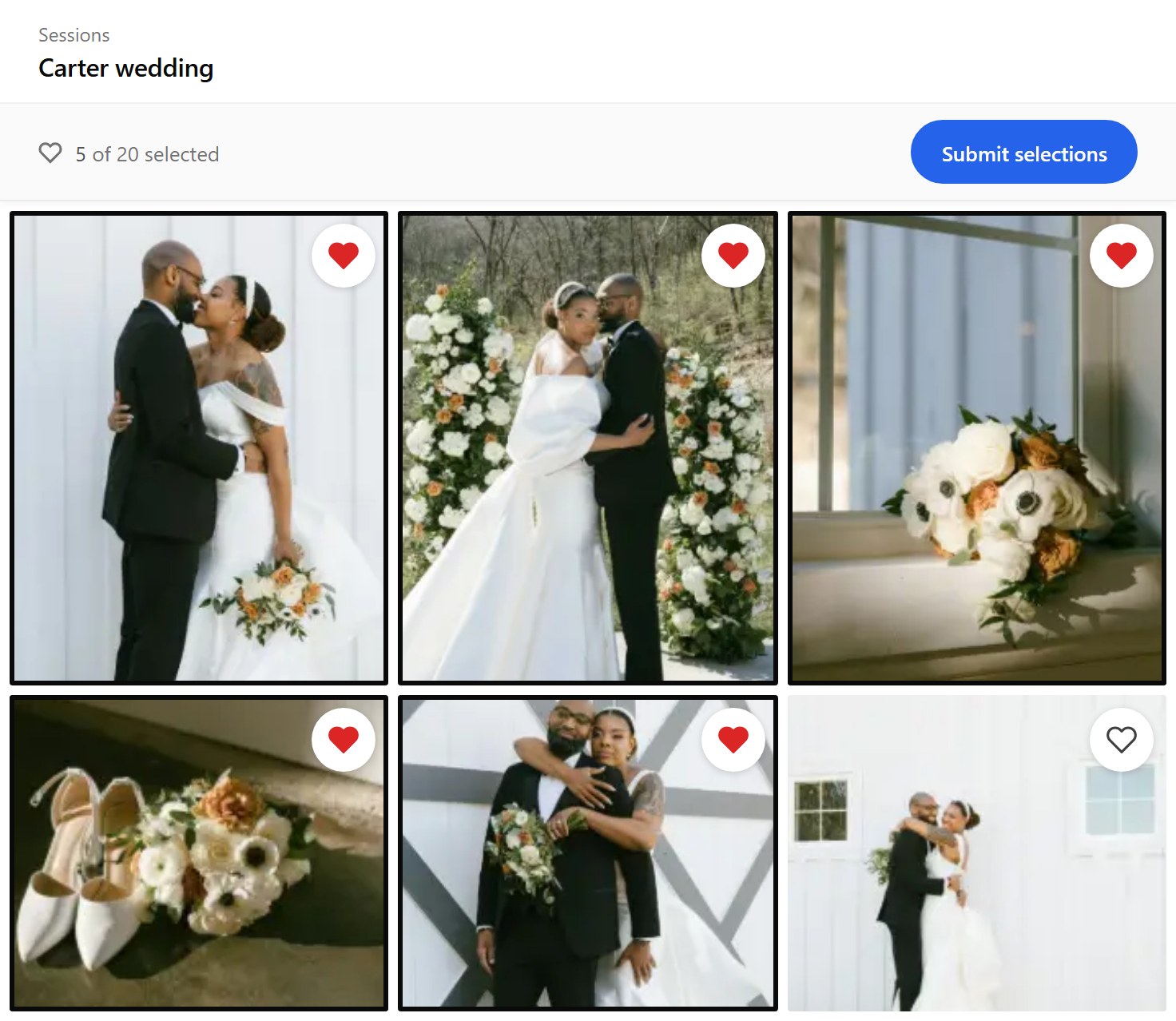 The Carter wedding gallery on the photographer’s own site: Megan has hearted five of her twenty photos, and a Submit selections button sends her picks.