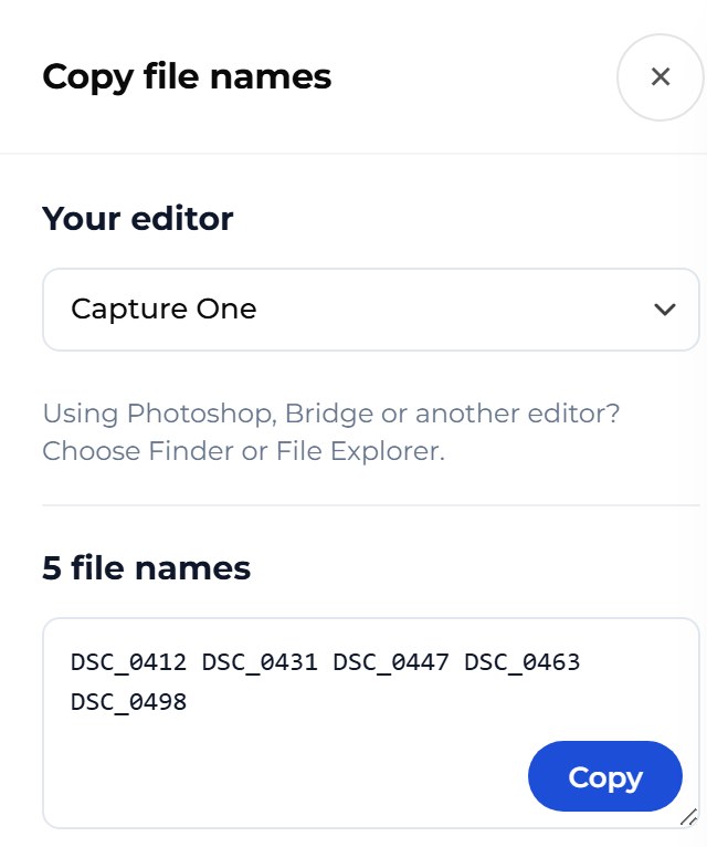 The photographer’s Copy file names panel for the same gallery: Capture One is chosen, the five picks are listed as plain camera file names DSC_0412 to DSC_0498, and a Copy button puts them on the clipboard.