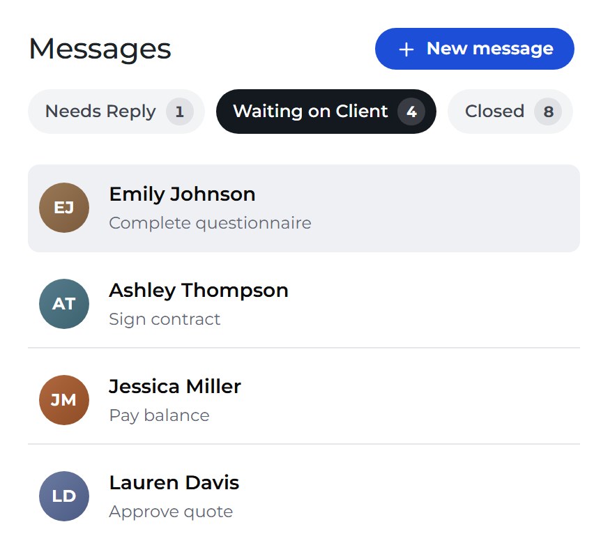 The Messages list with its Needs Reply, Waiting on Client and Closed tabs, and Emily Johnson’s thread selected above Ashley Thompson, Jessica Miller and Lauren Davis.