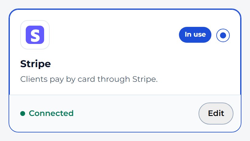 The Integrations settings: Stripe is connected and in use, so clients pay by card through the studio’s own Stripe account.