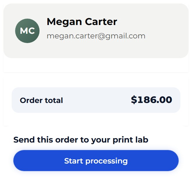 The studio’s Print Orders screen for Megan Carter’s $186.00 print order: Send this order to your print lab, with a Start processing button for when the studio has placed it with its lab.