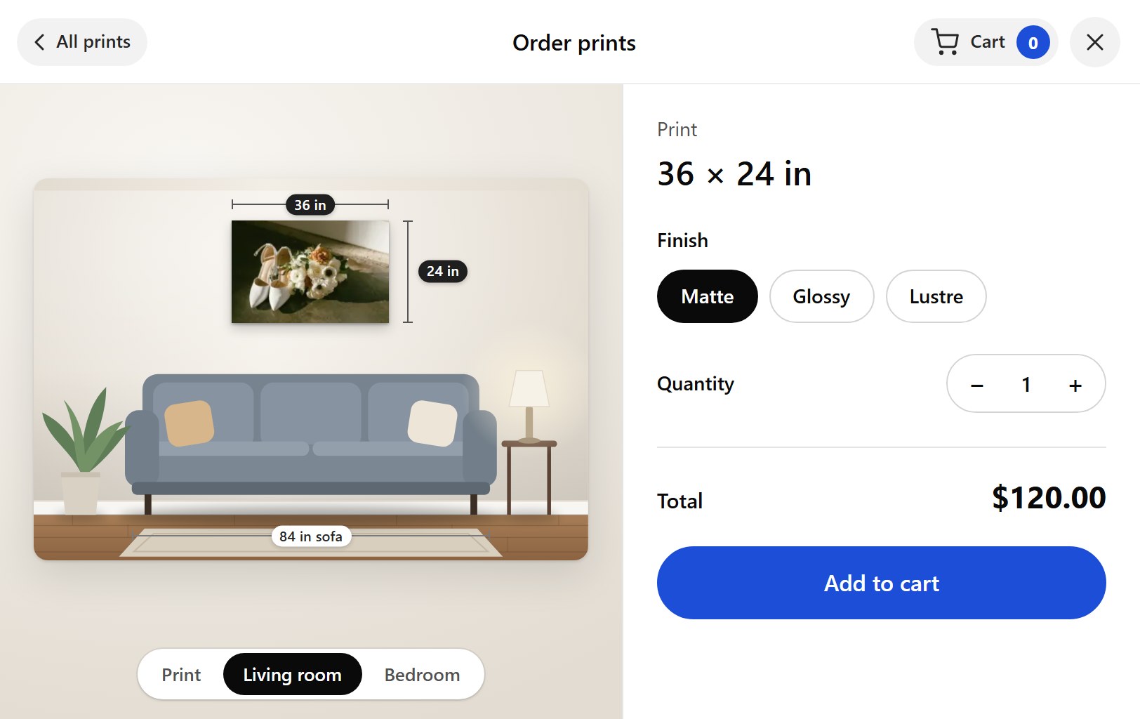 The Order prints window of the Carter wedding gallery in the Living room view: a 36 by 24 inch print of wedding shoes and flowers hangs over an 84 inch sofa at its real size, with Matte, Glossy and Lustre finishes, a quantity, a $120.00 total and an Add to cart button.