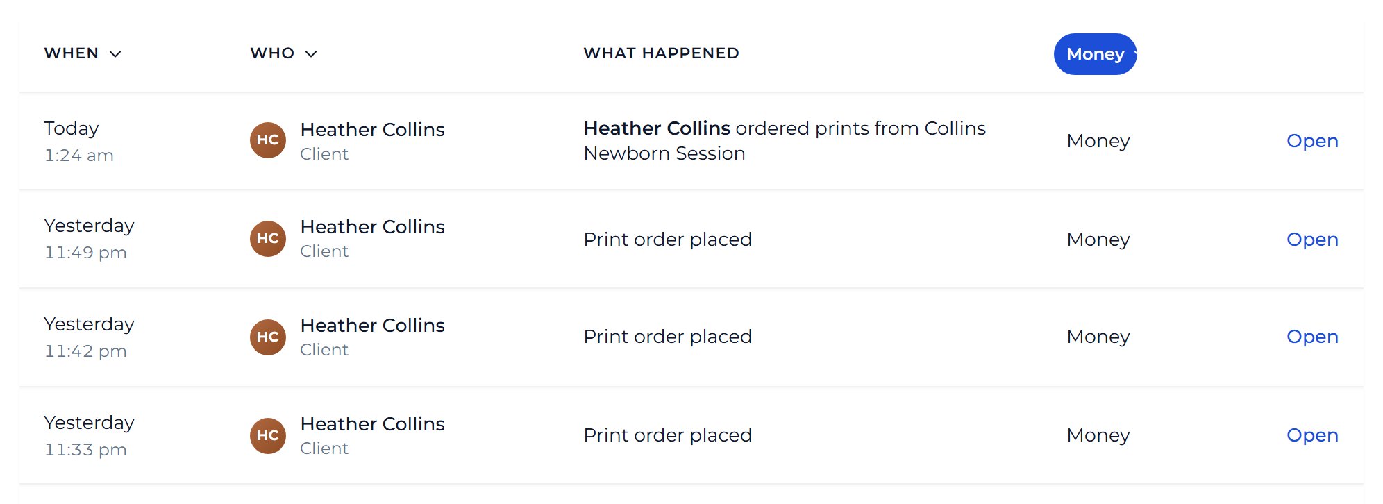 The list now shows only payments, invoices and late-payment notes.