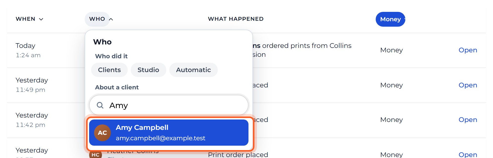 Under About a client, type a name such as Amy and press her name.