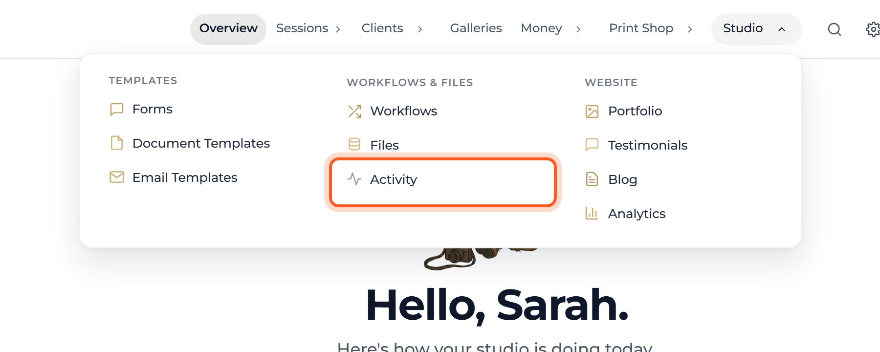 Press Activity, in the middle column under Workflows & files.