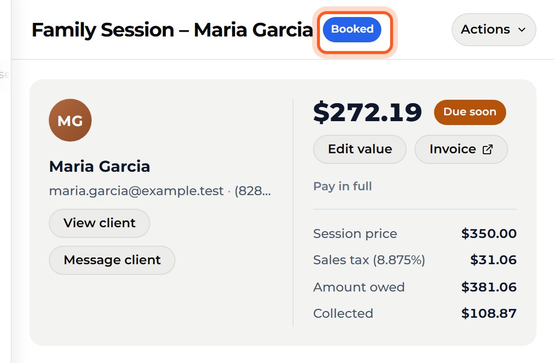 Look at the top of the page. It shows the client, the price and what is still owed.