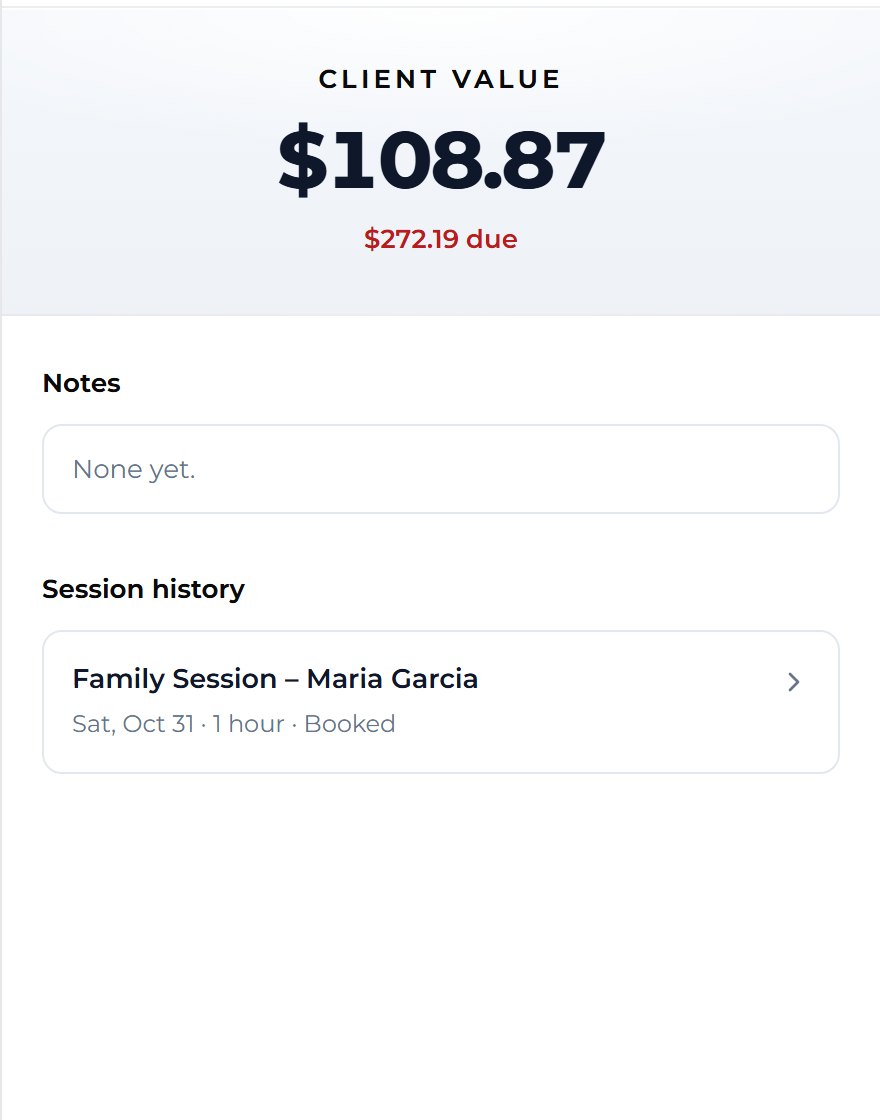 Read the panel that opens. It shows the client's total value and every session they have booked with you.