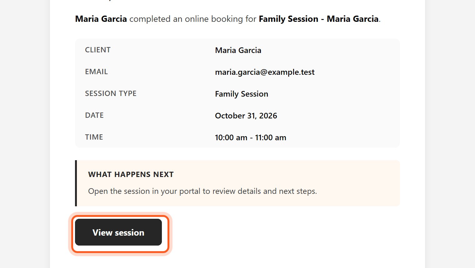 Open the email that starts with New booking, then press View session.