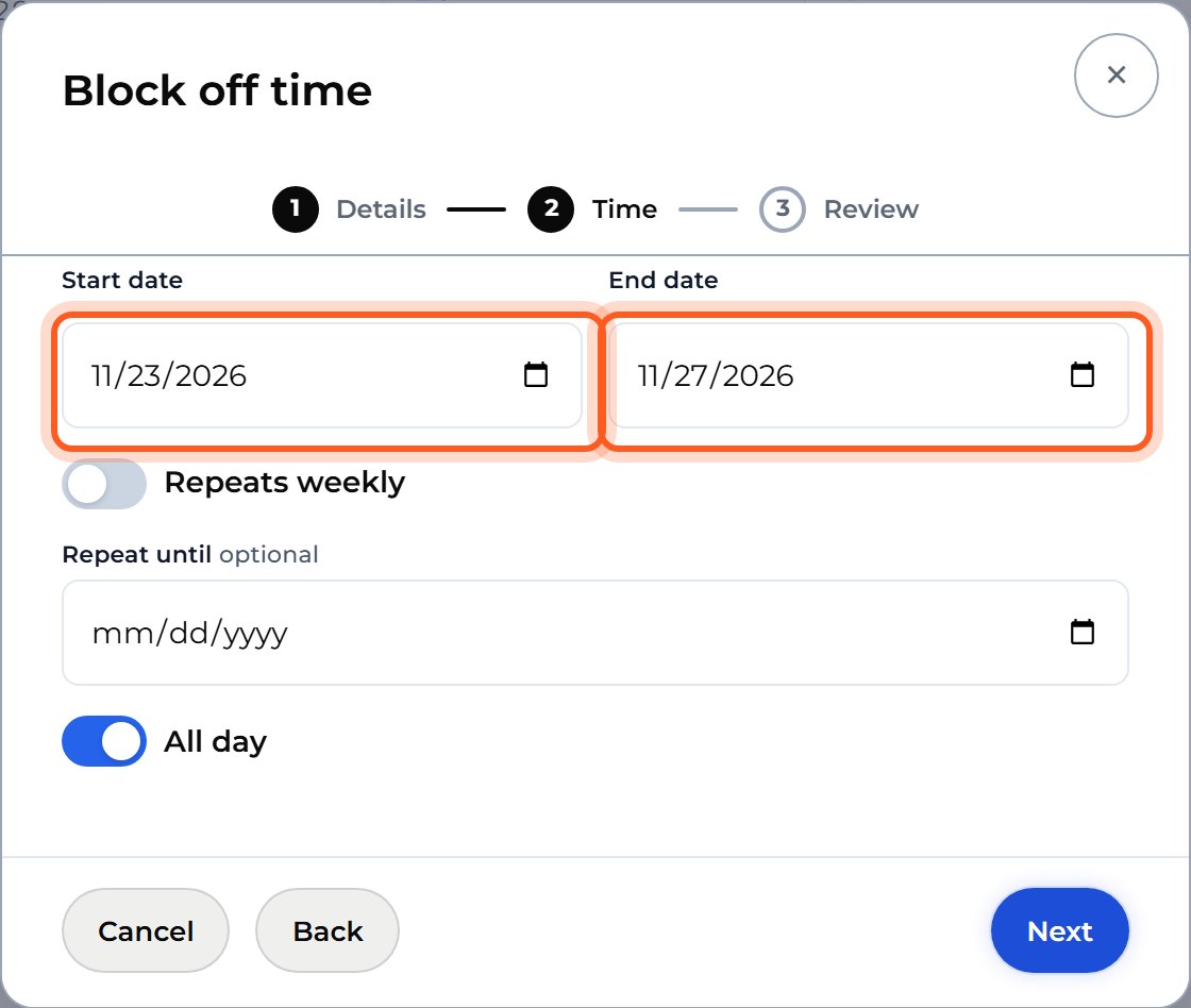 Choose the first day in Start date and the last day in End date, then press Next.