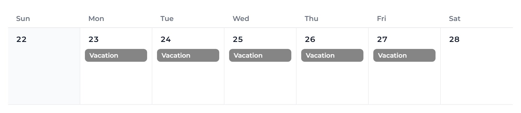 Your days show as grey Vacation bars. Clients cannot book them.