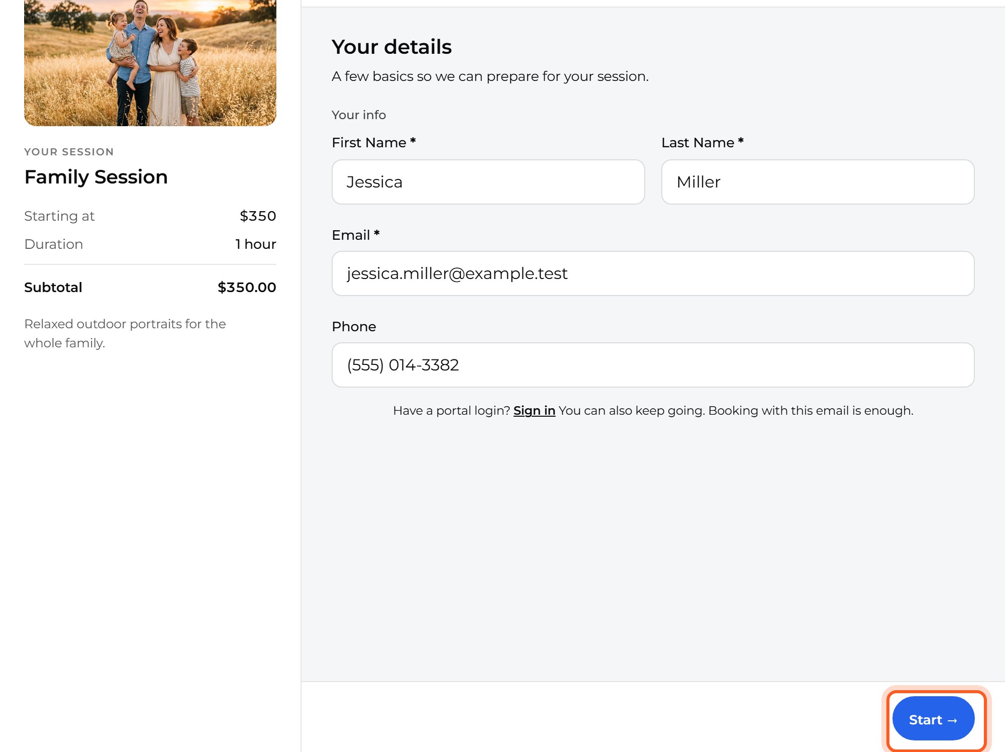 Type a name, email and phone number, then press Start.