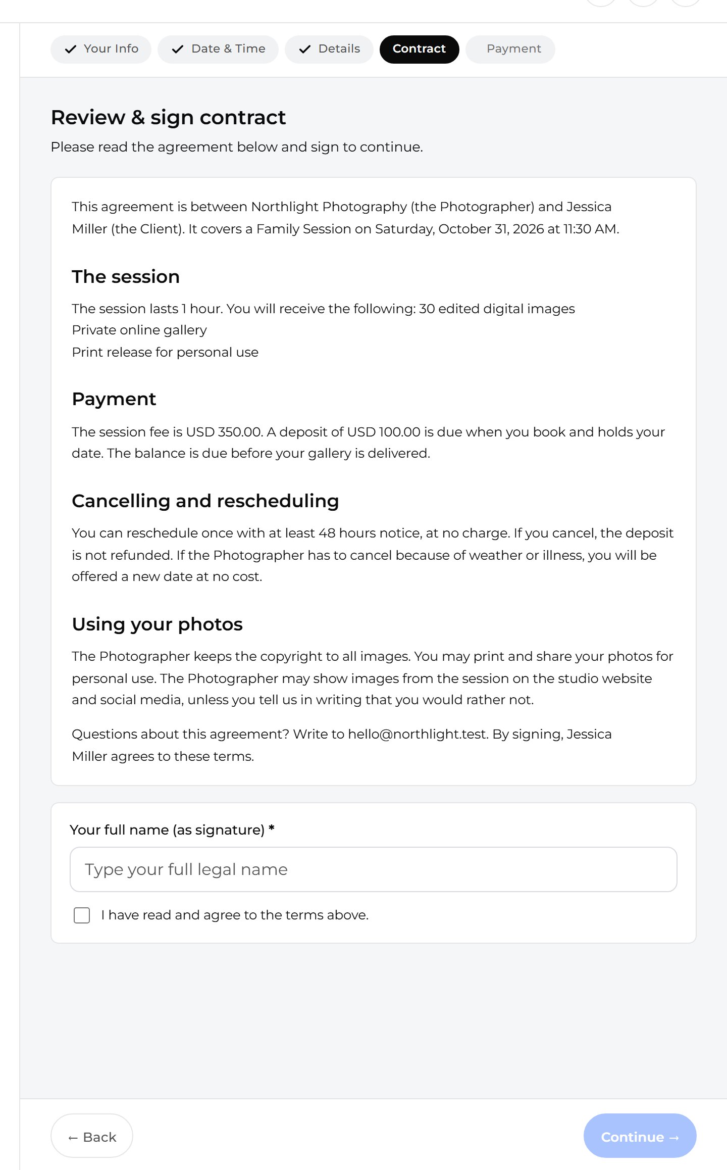 Read the contract. Mankai has filled in the client, the session, the date and the price.