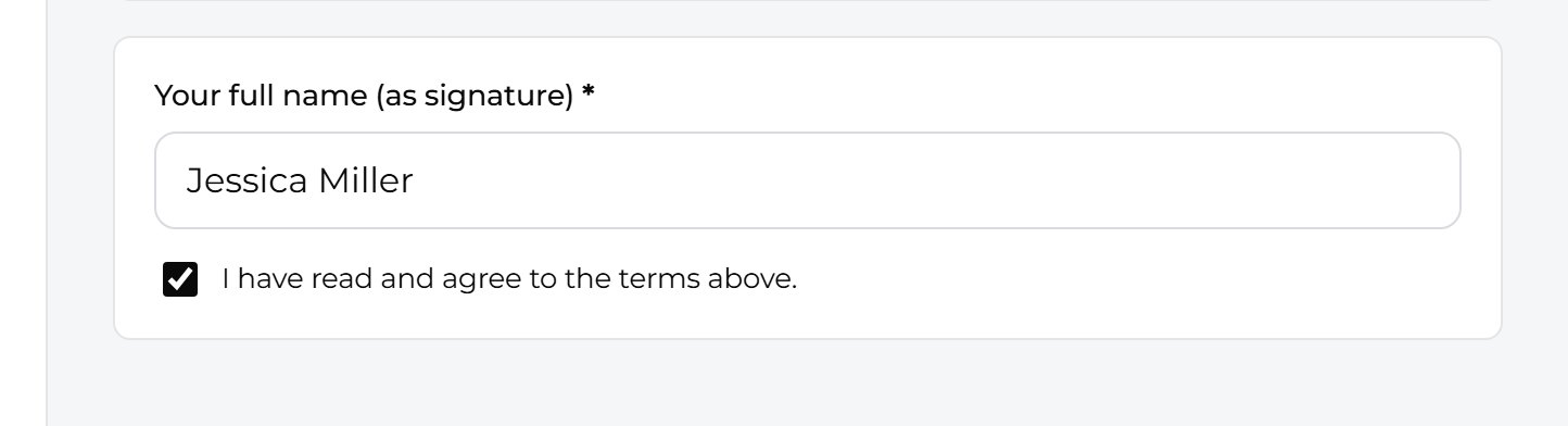 Type the client’s full name as a signature and tick the box, then press Continue.
