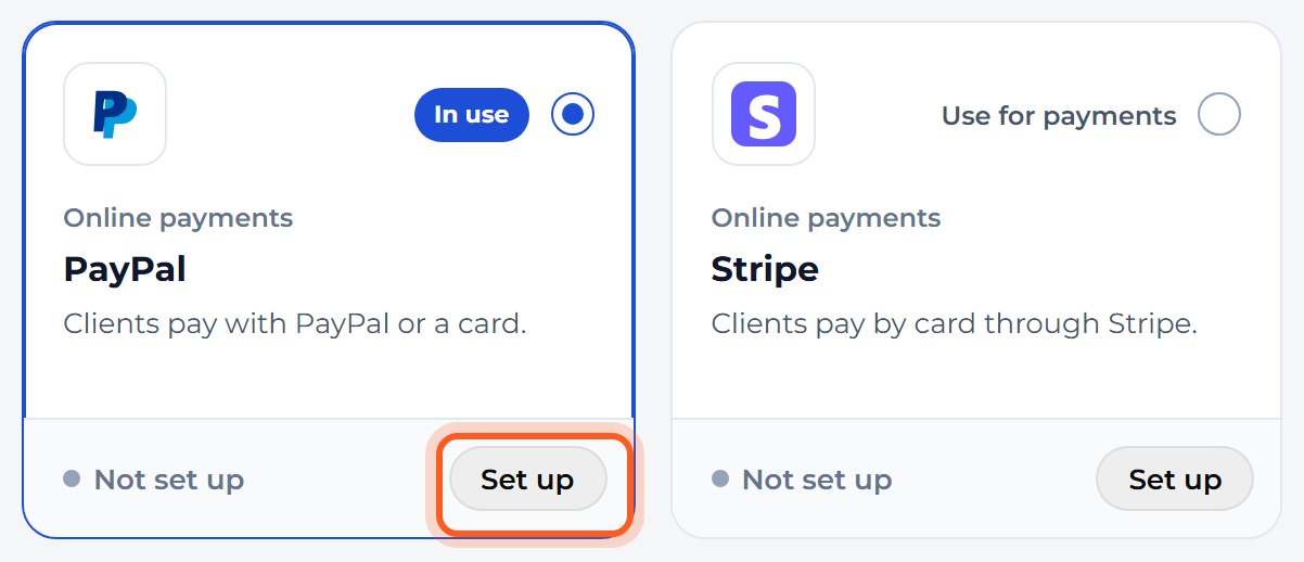 Press Set up on the PayPal card. A panel opens on the right.