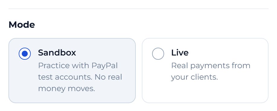 Under Mode, choose Sandbox or Live to match the PayPal page you copied from.