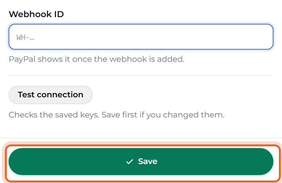 In PayPal, copy the Webhook ID shown beside your webhook. Paste it into Webhook ID in Mankai, then press Save.