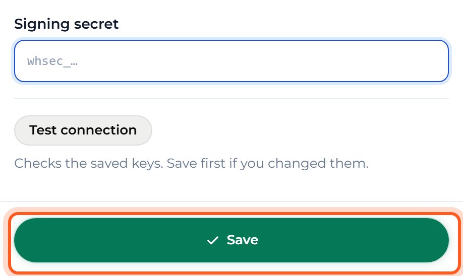 In Stripe, reveal the webhook's Signing secret and copy it. Paste it into Signing secret in Mankai, then press Save.