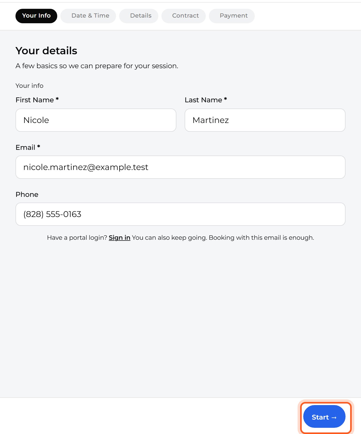 Type your fake client's name, email and phone number, then press Start.