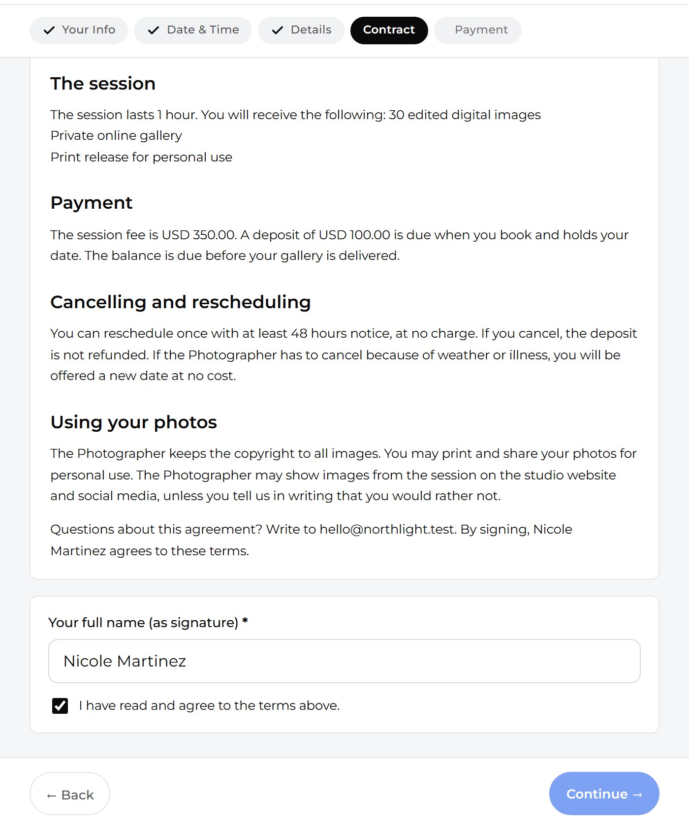 Type the client's name as the signature and tick the box, then press Continue.