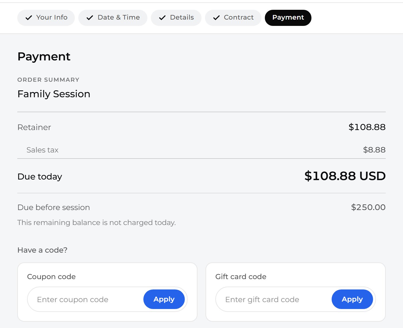 Read the last screen. Due today is the retainer, and your client pays it here with a card.