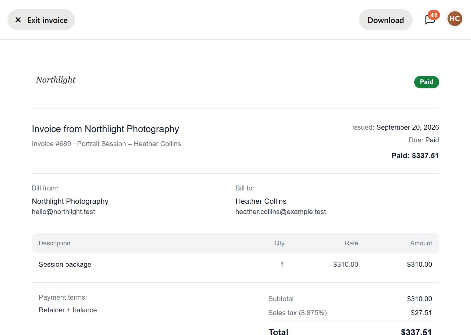 The invoice shows what was charged and paid. Press Exit invoice at the top left to go back.