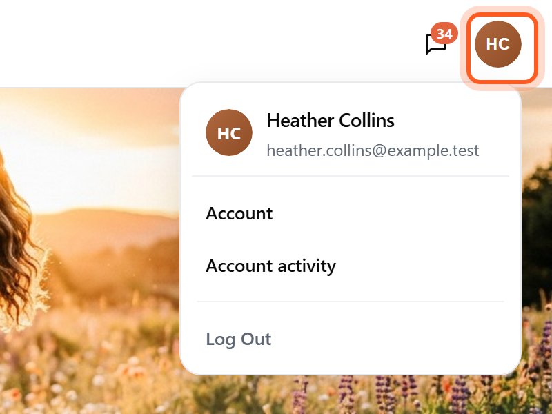 Press the round picture with their initials to reach Account, Account activity and Log Out.