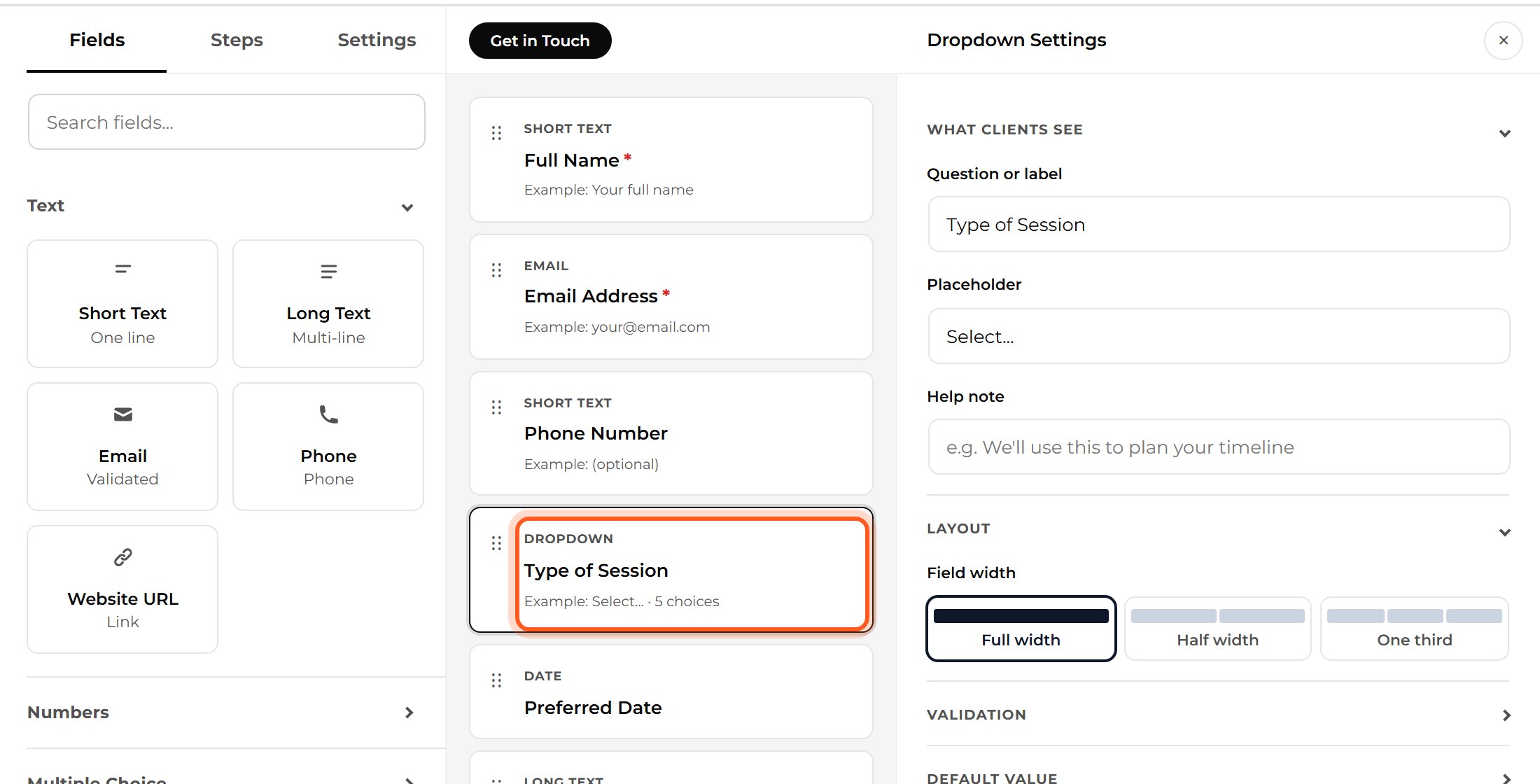 Press the Type of Session question in the middle. Its settings open on the right.