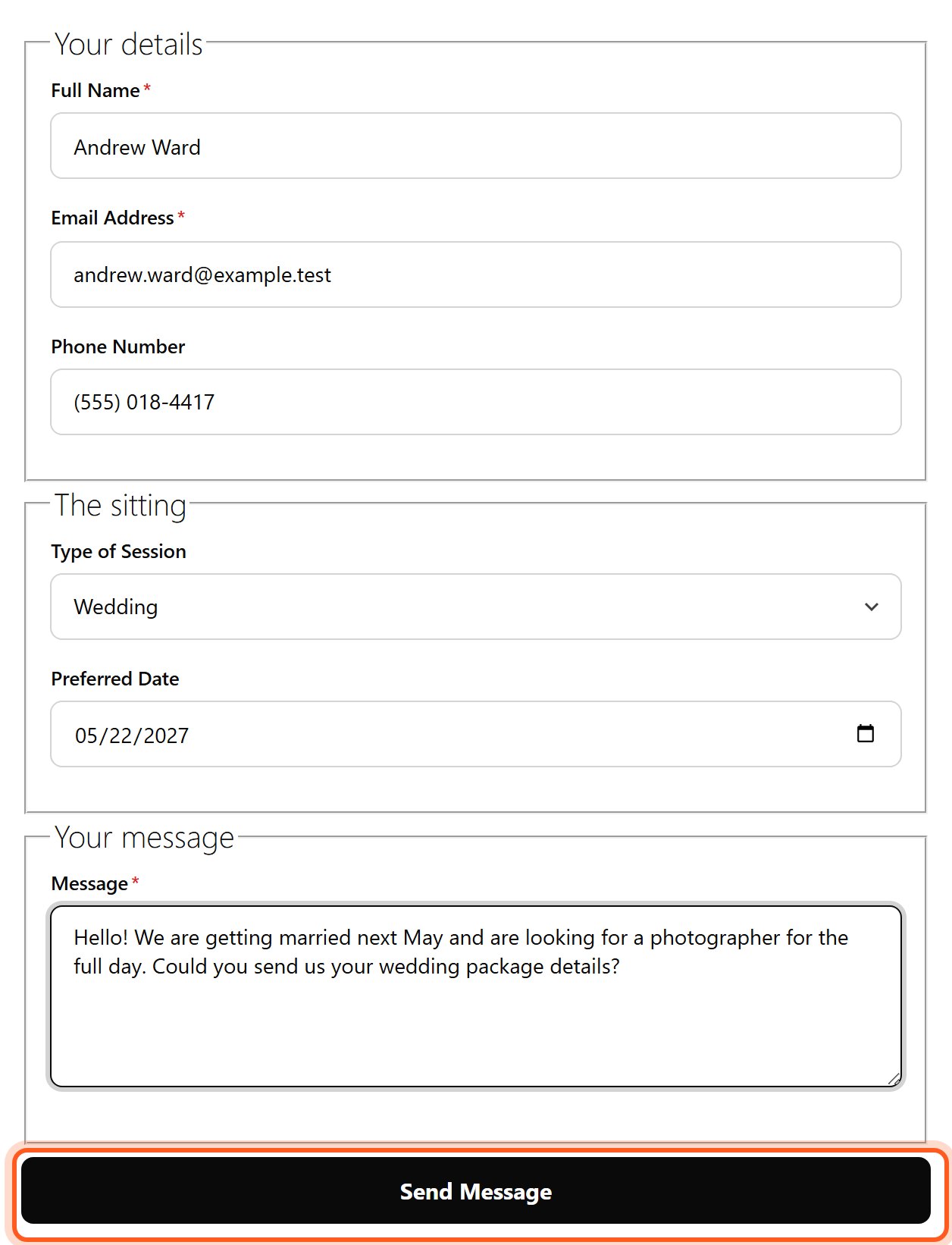 Fill in the form as a visitor would, then press Send Message.