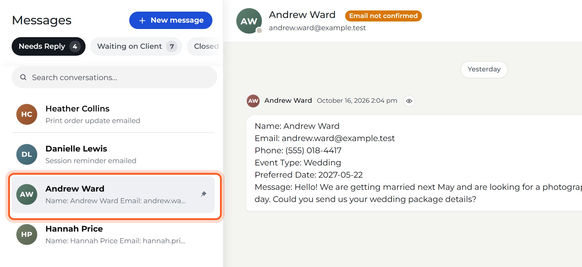 Press the new inquiry. Everything the visitor typed is there, with a box to reply below.