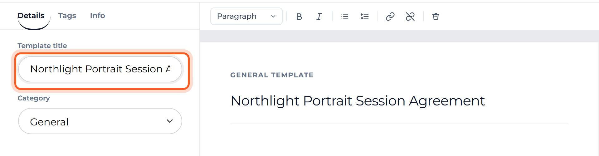 Type a name in Template title, such as Northlight Portrait Session Agreement.