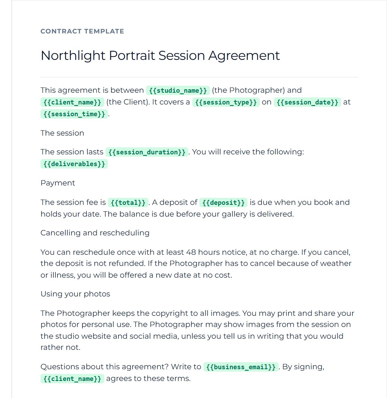Write the rest of your terms, and press a tag wherever a client or session detail belongs.